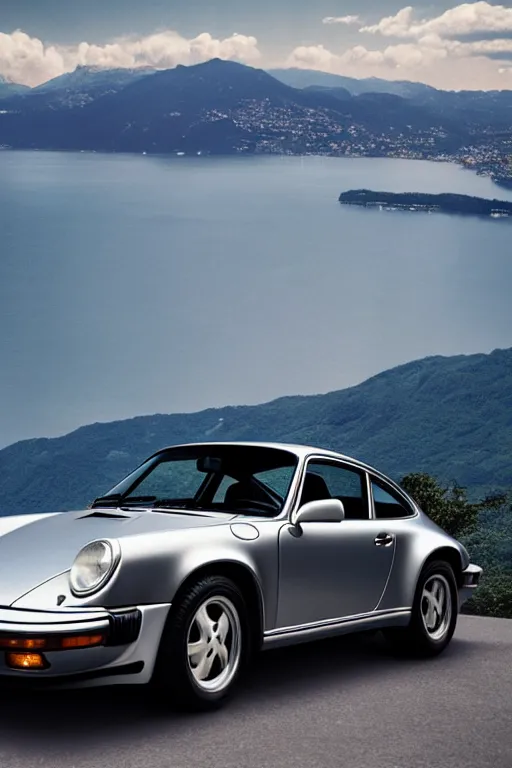 Image similar to Photo of a silver Porsche 911 Carrera 3.2, Lake Como in the background, daylight, dramatic lighting, award winning, highly detailed, 1980s Versace ad, fine art print, best selling.