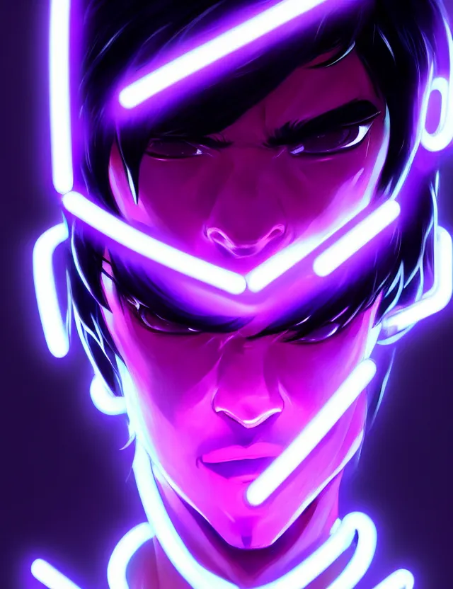 Image similar to a detailed manga portrait of a black haired cyborg man with glowing neon purple lights, trending on artstation, digital art, 4 k resolution, detailed, high quality, sharp focus, hq artwork, coherent, insane detail, character portrait