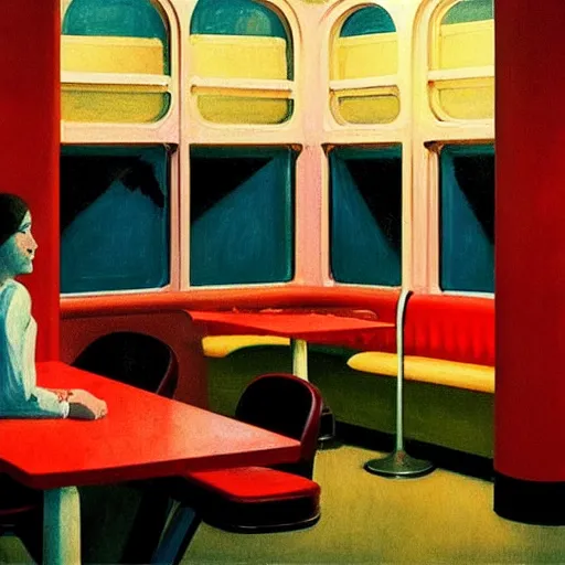 Image similar to the corner booth at a greasy diner on the moon, edward hopper painting, iconic, stunning light