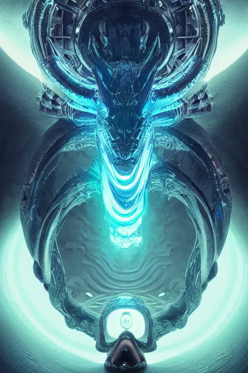 Prompt: a centered render of an ancient futuristic elden ring dragon with digital modifications surrounded by a underwater ink pour and flowing liquid gallium and complex sacred geometry, perfect body and face, powerful, cinematic, beautifully lit, by beeple, by artgerm, by karol bak, 3 d, trending on artstation, octane render, 8 k