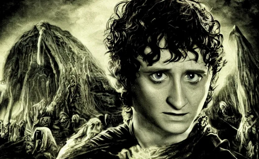 Image similar to movie still, lord of the rings frodo baggins in the style of h. r. giger, dark, cinematic, directed by ridley scott, cinema scope