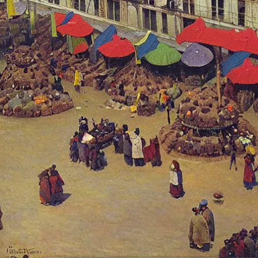 Image similar to dagomey officials with flat colorful umbrellas in ahomey's huge main square, from above, 1905, highly detailed, oil on canvas, by ilya repin