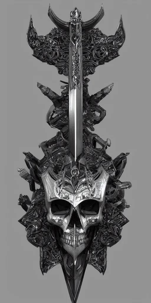 Prompt: a black and silver sword skull crest, ornament, simple weapon, a 3 d render by dom qwek, front side, concept art, trending on polycount, artstation, hard surface modeling, rendered in maya, zbrush, hd, vray, blizzard, symmetry