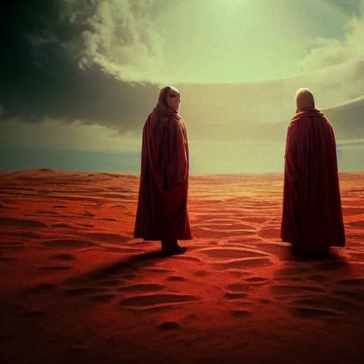 Image similar to colour aesthetic highly detailed photography scene, characters with very highly detailed faces. from dune ( 2 0 2 1 ) by alejandro hodorovski and denis villeneuve and gregory crewdson style with many details by andrei tarkovsky and caravaggio in sci - fi style. volumetric natural light hyperrealism photo on red dsmc 3 system