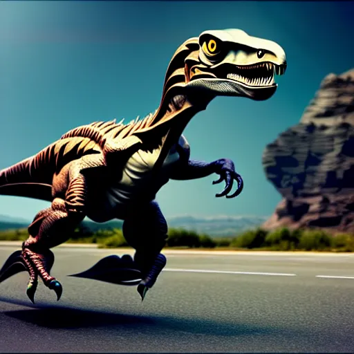 Image similar to a velociraptor riding a motorbike, photorealistic 3 d octane render, unreal engine