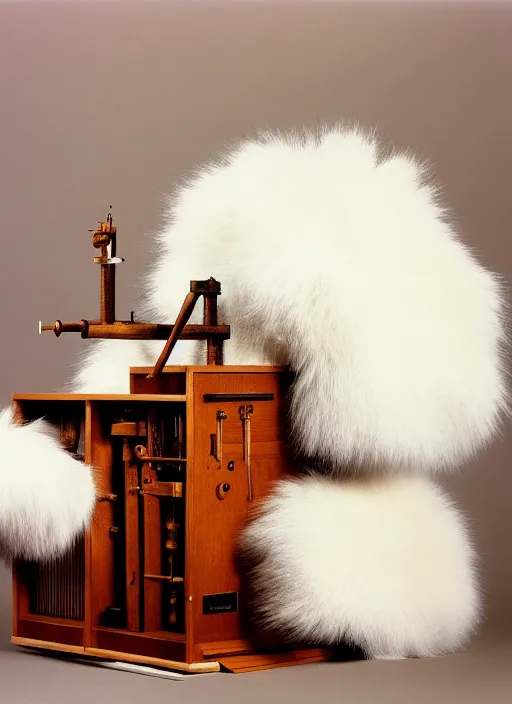 Image similar to realistic photo of a a medieval wooden astronomic archeology scientific equipment made of brushwood, with white fluffy fur, by dieter rams 1 9 9 0, life magazine reportage photo, natural colors