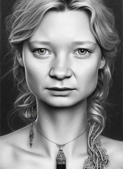 Prompt: a pencil drawing portrait of mia wasikowska with blonde hair, in a dress, jewelry, greek, intricate, headshot, highly detailed, drawn with pencil, black and white, artstation, concept art, sharp focus, cinematic lighting, illustration, art by artgerm and greg rutkowski, alphonse mucha, cgsociety