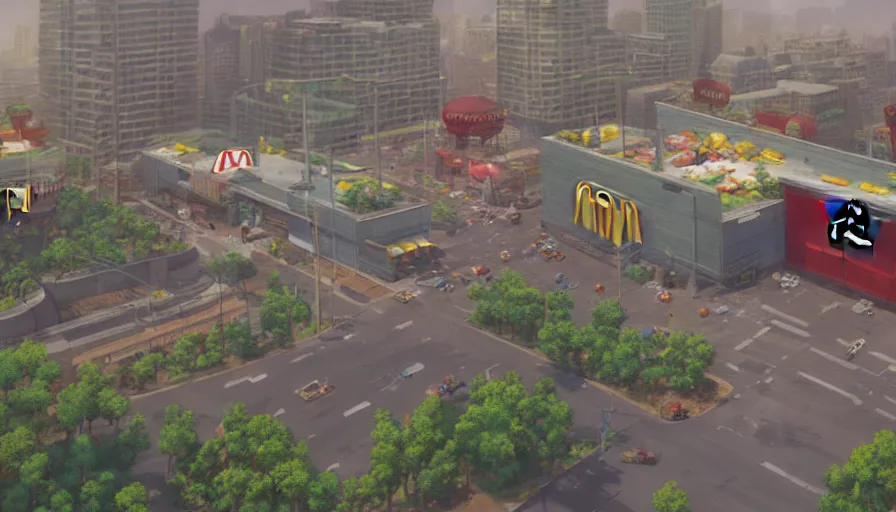 Image similar to A highly detailed matte painting of the biggest McDonalds in the world, by Studio Ghibli, Makoto Shinkai, by Artgerm, by beeple, by Greg Rutkowski, volumetric lighting, octane render, 4K resolution, trending on artstation, masterpiece