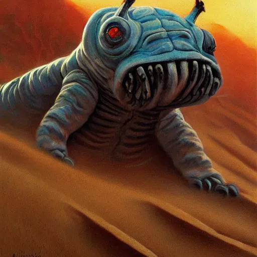 Image similar to realistic painting of a tardigrade kaiju, with 6 legs in a desert storm, by james gurney, slime, big globule eye, godzilla, vintage, concept art, oil painting, tonalism, crispy