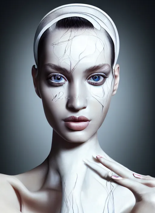 Image similar to a happy nubile young woman with reflections in her eyes and slicked hair, painted with intricate white paint pattern, asymmetrical, clear skin, futuristic, elegant, graceful, fashionable, cinematic, hyperdetailed illustration by irakli nadar and alexandre ferra, depth of field, global illumination,