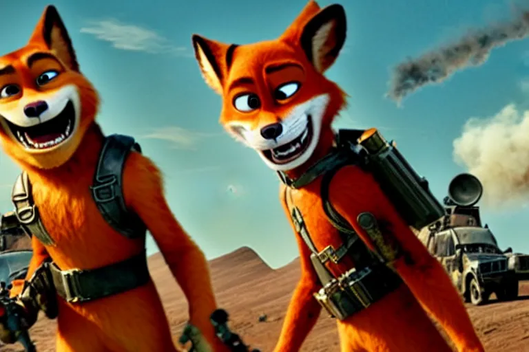 Image similar to nick wilde, heavily armed and armored facing down armageddon in a dark and gritty reboot from the makers of mad max : fury road : witness me