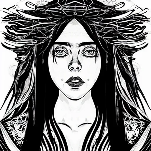 Image similar to black and white pen and ink!!!!!!! sorcerer beautiful attractive long hair Billie Eilish wearing High Royal flower print robes flaming!!!! final form flowing ritual royal!!! Contemplative stance Vagabond!!!!!!!! floating magic witch!!!! glides through a beautiful!!!!!!! Camellia!!!! Tsubaki!!! death-flower!!!! battlefield behind!!!! dramatic esoteric!!!!!! Long hair flowing dancing illustrated in high detail!!!!!!!! by Hiroya Oku!!!!!!!!! graphic novel published on 2049 award winning!!!! full body portrait!!!!! action exposition manga panel black and white Shonen Jump issue by David Lynch eraserhead and beautiful line art Hirohiko Araki!! Frank Miller, Kentaro Miura!, Jojo's Bizzare Adventure!!!! 3 sequential art golden ratio technical perspective panels horizontal per page