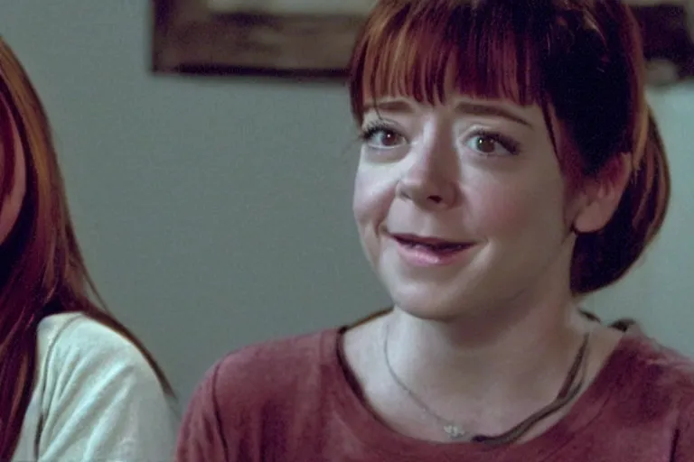 Image similar to screenshot from horror movie, with young alyson hannigan