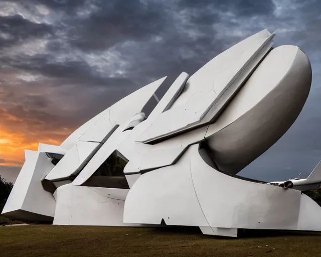 Prompt: photo of minimalist abstract cubist sculpture of curvy spaceship with random small mecha mayan decorations, covered with few large white airplane parts with windows and doors, gigantic size, sunset lighting used as a theater