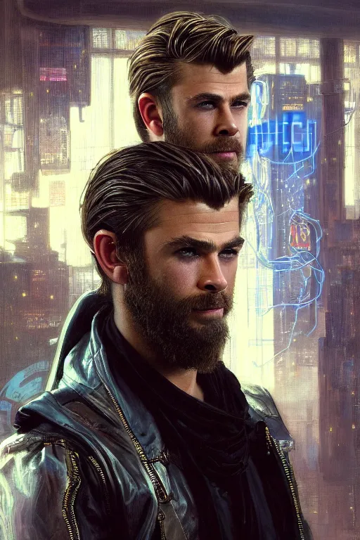 Image similar to hyperrealist cyberpunk portrait of a young ducktail bearded middle eastern chris hemsworth, it is decorated with long computer wires and computer monitors in the cyberpunk office background. by jeremy mann and alphonse mucha, fantasy art, photo realistic, dynamic lighting, artstation, poster, volumetric lighting, very detailed faces, 4 k, award winning