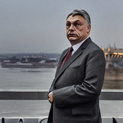 Image similar to leader of fascist hungary, viktor orban, overseeing the war torn city on the bank of danube river in budapest during the siege 2 0 2 2, by edward hopper