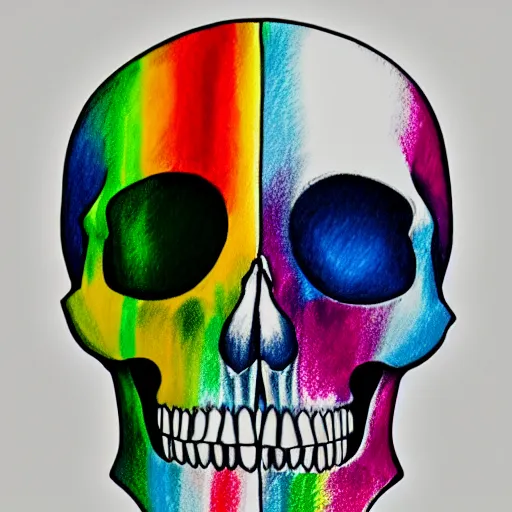 Prompt: Human skull in LGBT+ pride flag colors, rainbow skull, ultra detailed drawing, high-quality art, trending on Artstation