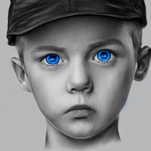 Image similar to a detailed portrait of a boy with light blue eyeswearing a black cap, realistic and detailed eyes, art illustration, incredibly highly detailed and realistic, 8 k, sharp focus