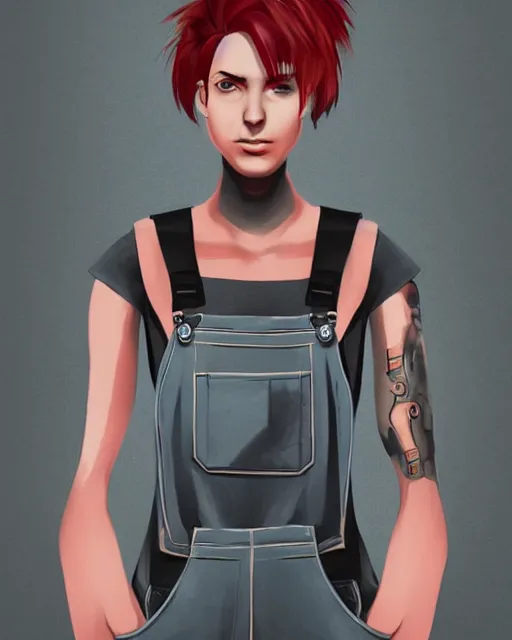 Image similar to an androgynous punk girl with short hair who is a mechanic wearing overalls, grey background, illustration, character concept design, trending on artstation