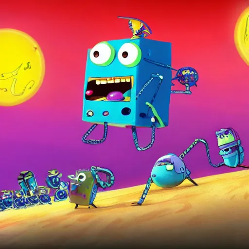 Image similar to bikini bottom being invaded by robots by stephen hillenburg, cartoon, award - winning, dramatic, dark, william osborne tucker iii, nickelodeon, detailed, 4 k