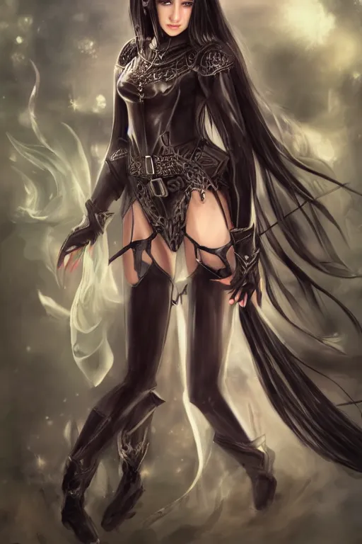 Image similar to young elf queen with long black hair, full body portrait, gorgeous, seductive, realistic, leather armor, leather gloves, digital art, high detail, lively, art by sakimi chan