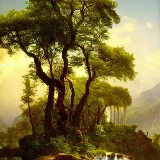 Prompt: painting of a lush natural scene on an alien planet by albert bierstadt. beautiful landscape. weird vegetation. cliffs and water.