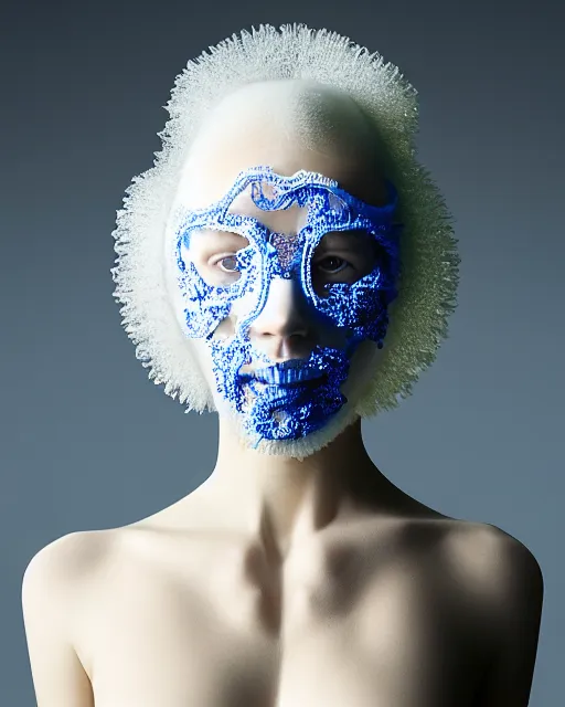 Image similar to portrait of a woman wearing a white embroidered translucent silicone mask and white blue frizzy hair buns, wearing a black bodysuit by alexander mcqueen, cream white background, soft diffused light, biotechnology, humanoide robot, bjork aesthetic, translucent, by rineke dijkstra, intricate details, highly detailed, masterpiece,