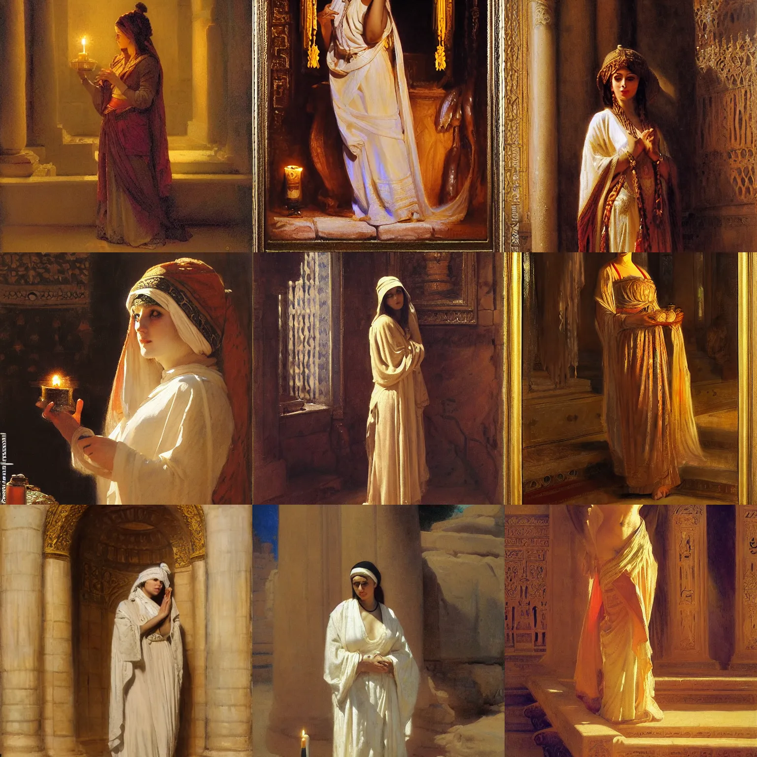 Prompt: orientalism beautiful priestess standing in a candle - lit sandstone temple by theodore ralli and nasreddine dinet and anders zorn and nikolay makovsky and edwin longsden long, oil on canvas, masterful intricate artwork, excellent lighting, high detail 8 k