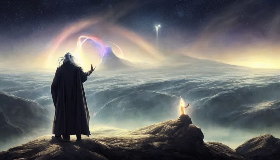 Image similar to a beautiful painting of gandalf watching a spiral galaxy in the sky of an alien world, ray traced lighting by jean kalin popov and greg rutkowski