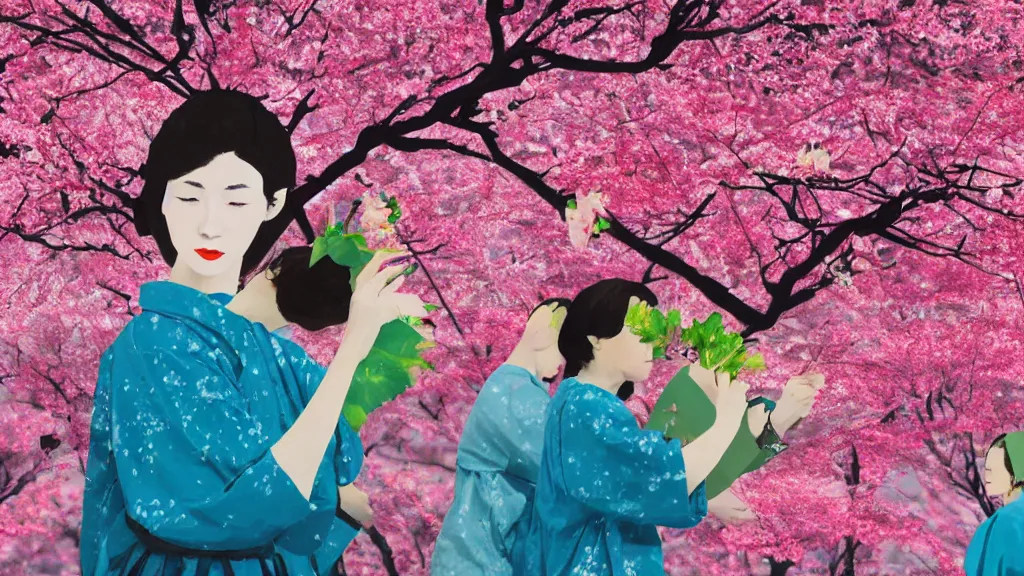 Image similar to close - up of a woman in a small group of people, a flower viewing picnic sakura, japan, a collage painting, in the style of wes anderson, lola dupre, david hockney, isolated on negative white space background dark monochrome neon fluorescent spraypaint accents volumetric octane render