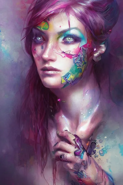 Prompt: girl face with colourful tattoo, volume light, by bastien lecouffe deharme