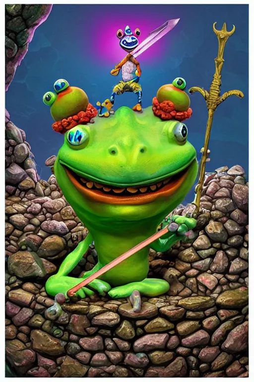 Image similar to clown frog king pulls the sword from the stone, artwork by Todd Schorr, 3D rendering by Beeple