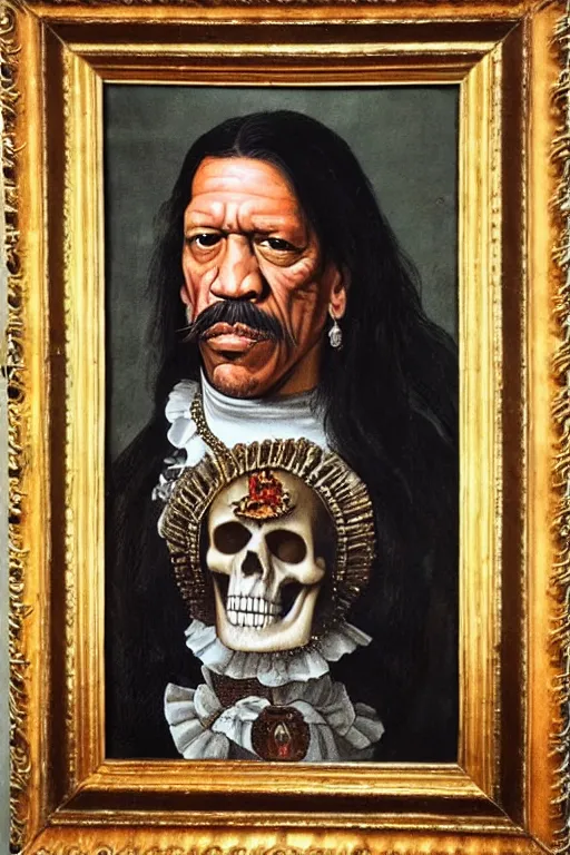 Prompt: a 1 6 0 0 s framed portrait painting of danny trejo holding a skull, intricate, elegant, highly detailed