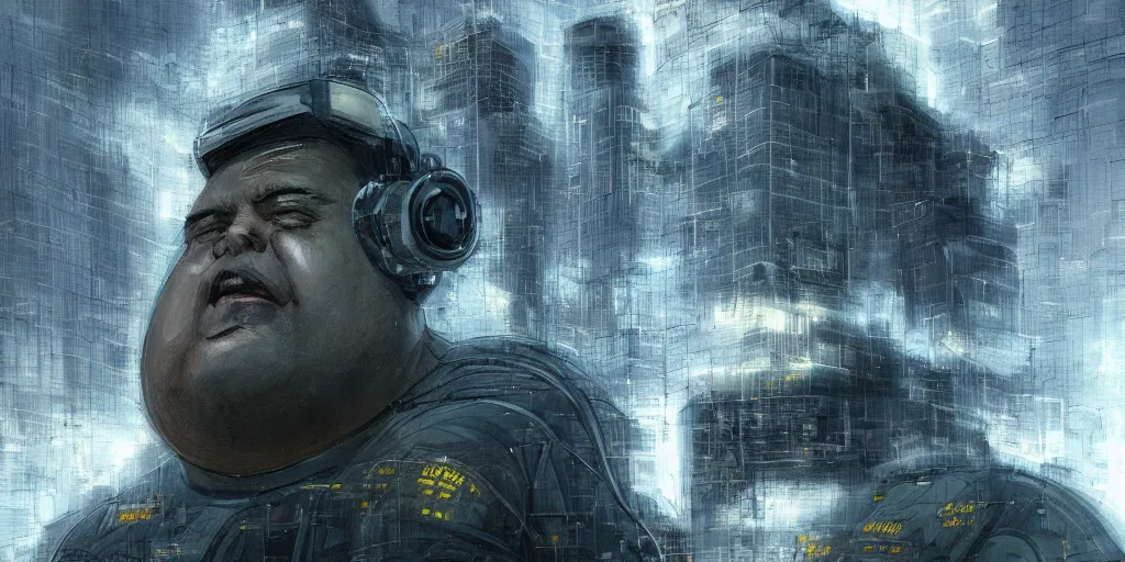 Image similar to portrait of a fat man sci fi soldier ranger, brutalist city architecture, dark epic, white and gold and yellow, emissive lights and cables and wires, high details, ceremonial clouds, dripping paint, fibonacci rhythm, artstation, art germ, wlop, pablo dominguez, sabbas apterus, award - winning, artstation