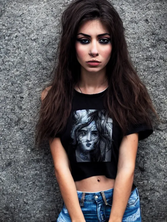 Prompt: hyperdetailed photo of a beautiful italian girl, brown eyes, dark hair, black makeup, skin, winds of winter, with ripped crop t - shirt with a logo, fine - face, pretty face