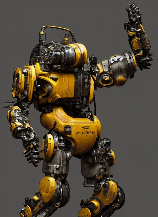 Image similar to a photorealistic dramatic hyperrealistic render of a futuristic exosuit power loader heavy machinery, ultra realistic details, glossy yellow, well worn, rust, oil stains by vitaly bulgarov and mike nash, beautiful dramatic dark moody tones and lighting, cinematic atmosphere, studio lighting, global illumination, shadows, dark background, octane render, 8 k