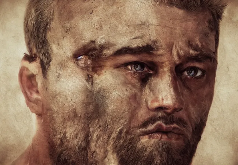 Image similar to portrait of muscular, tired and alcoholic 3 0 - year - ol 5 grieving man with short darkblonde hair, serious sad look in his eyes, looking down, dirty beard, blue eyes, crying tears, wearing dirty soldier uniform, on the desert, sad atmosphere, hyper realistic face, character art, art by mark brooks, cryengine, trending on artstation, digital art