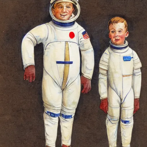 Image similar to Orville Houghton Peet and William Simpson and Jean Gautier watercolor painting sketch of a boy super scientist in a retro home made astronaut suit