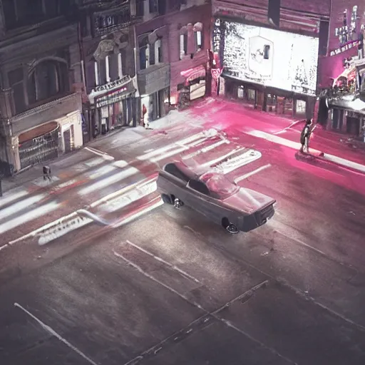 Image similar to A stunningly beautiful award-winning 8K high angle from 2nd floor cinematic movie photograph looking down diagonally across a spooky dark very foggy empty lightless main street intersection in an abandoned 1950s small town at night. perfect composition, moody low key. Color palette from Seven, greens yellows and reds. 2 point perspective. Octane render