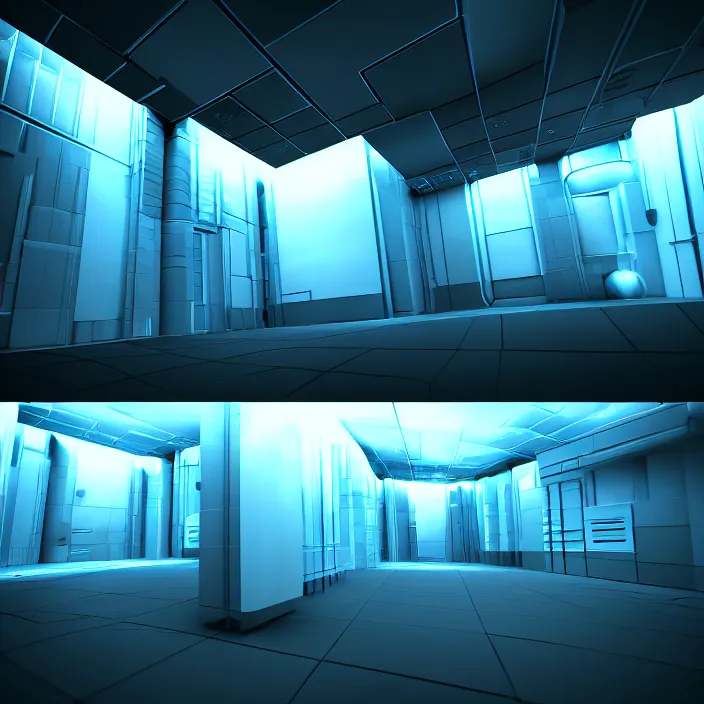 Image similar to 3 d futuristic environment, lights, dark, shapes