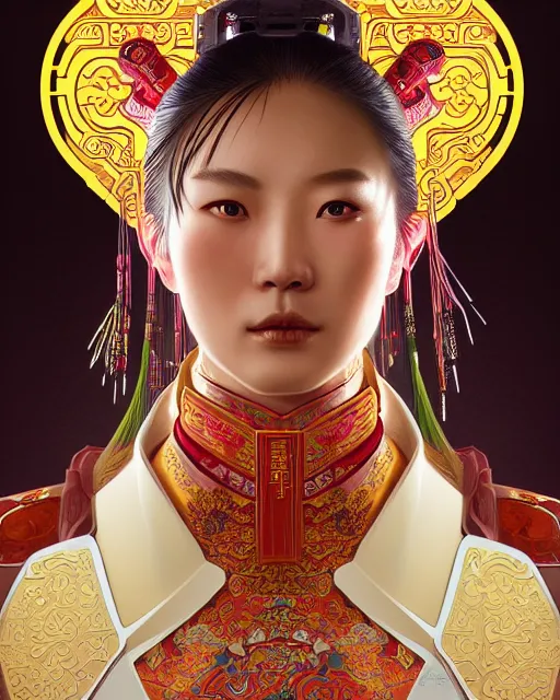 Image similar to portrait of a chinese cyberpunk machine, machine face, upper half portrait, decorated with chinese opera motifs, regal, asian, fine china, wuxia, traditional chinese art intricate intense elegant 京 剧 highly detailed digital painting artstation concept art smooth sharp focus illustration, art by artgerm and greg rutkowski alphonse mucha 8 k