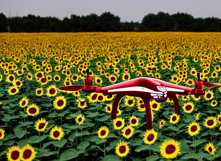 Prompt: Communist Propaganda Poster of a Bayraktar TB2 drone in a sunflower field.