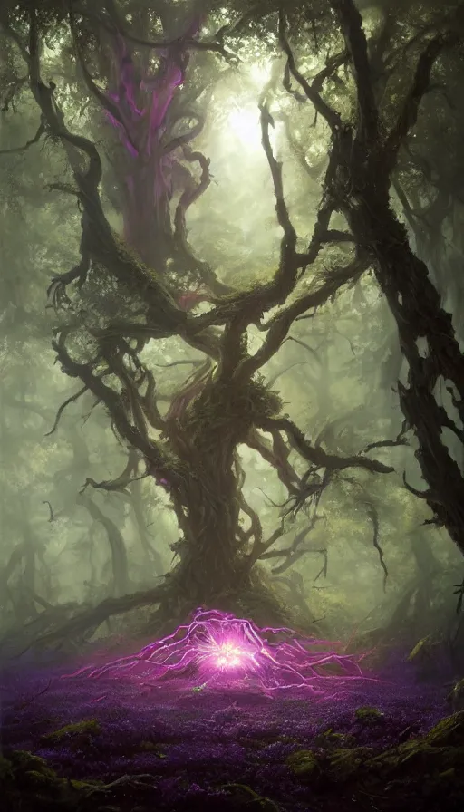 Prompt: Hyper realistic oil painting of a future sci-fi ancient god on the middle of a forest with a lot of purple trees holding a portal that's about to explode, fog, volumetric lighting, sunny day, by Greg Rutkowski and Diego Velázquez
