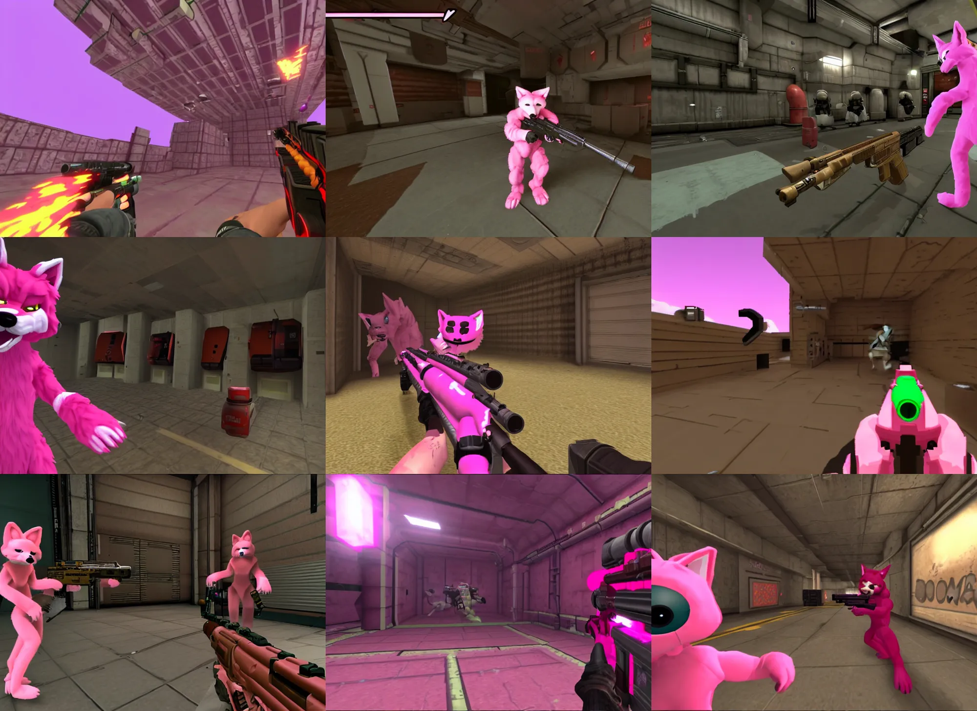 Image similar to pink fox furry fursuit in a screenshot of the video game doom, pump shotgun pov, the furry fursuit is running