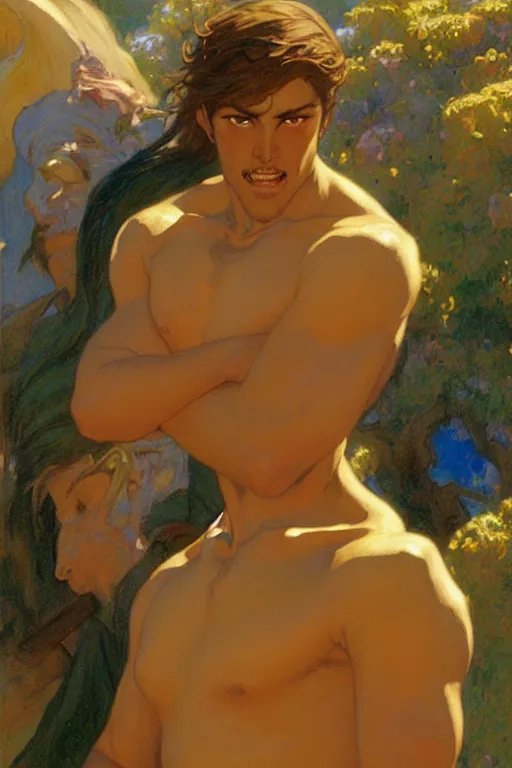 Prompt: tales of earthsea, attractive male, character design, painting by gaston bussiere, craig mullins, j. c. leyendecker, tom of finland