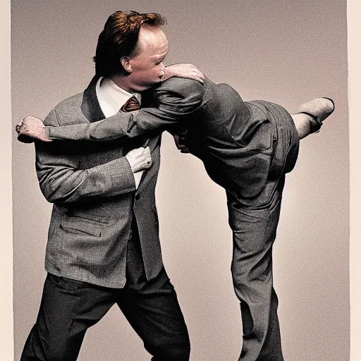 Prompt: conan o'brien and andy richter wrestling, by leonardo davinci