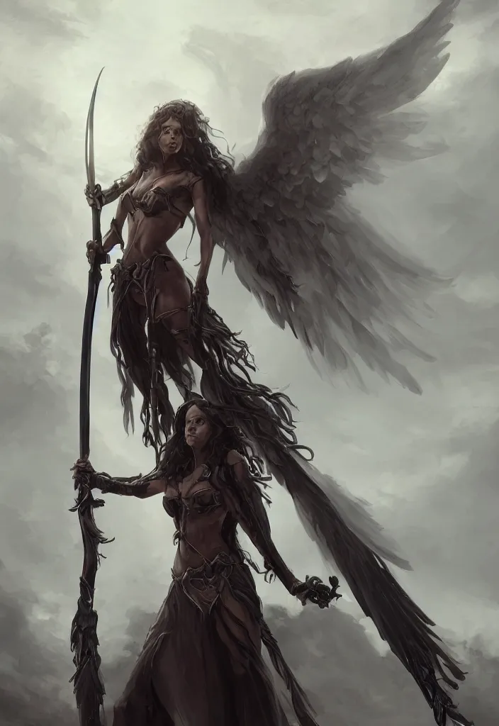 Image similar to towering female angel of death spear looking down at the camera, dramatic lighting, upshot, long curly dark hair, huge curving scythe, fantasy artstation, cgsociety, anatomical, 8 k, magical, award winning cinematography