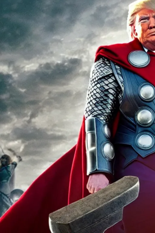 Image similar to donald trump as thor, wielding hammer, ready for battle, movie still