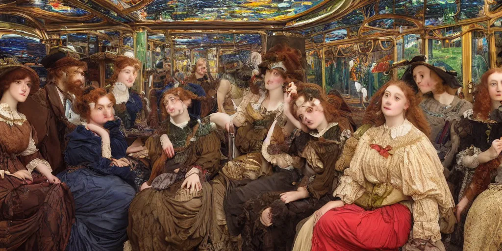 Prompt: detailed colour preraphaelite photograph group portrait of amazingly cool characterful people sat down extreme closeup, in the inside of the beautiful underwater train to atlantis, every face lifelike expressions, crowds of people sat down wearing unusual clothes, by william powell frith, 4 k