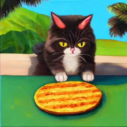 Image similar to A cute cat eating a Venezuelan arepa in the sun, detailed oil painting 4k